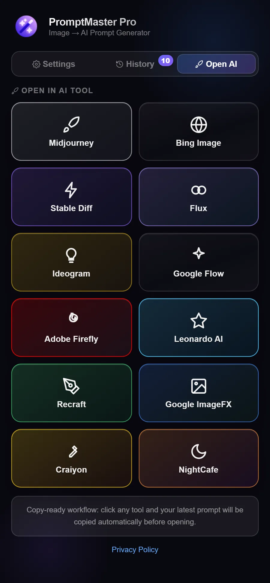 PromptMaster Pro open in AI tool screen